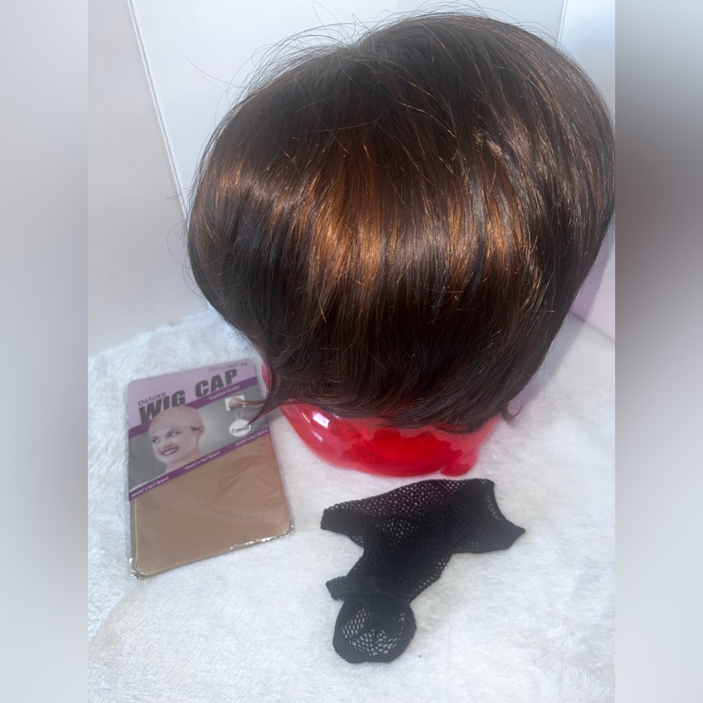 Short Bob Style Wig Dark Brown With Light Brown Highlights Synthetic Hair W/ Cap